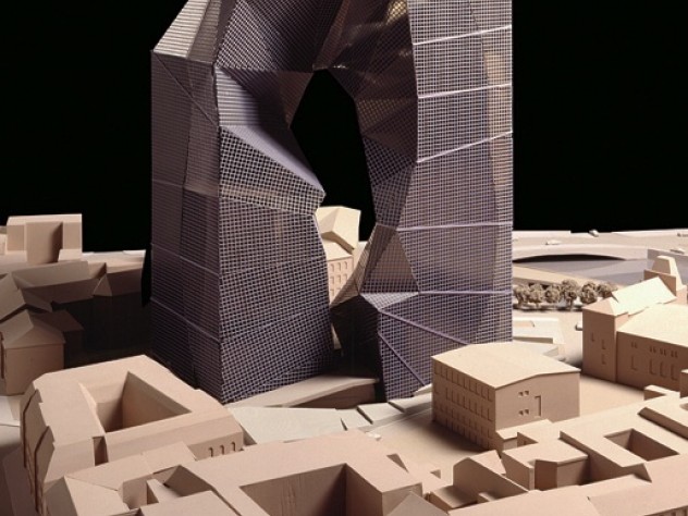 Courtesy Eisenman Architects, Photographer Dick Frank (1:200 model, West Elevation) Peter Eisenman’s unbuilt design for the Max Reinhardt Haus rethinks the linearity of tall buildings.