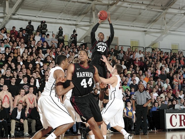 Standout players Kyle Casey (30) and Keith Wright (44) in action as Harvard, in its final home game, beat Princeton 79-67 to clinch a share of the Ivy league championship.