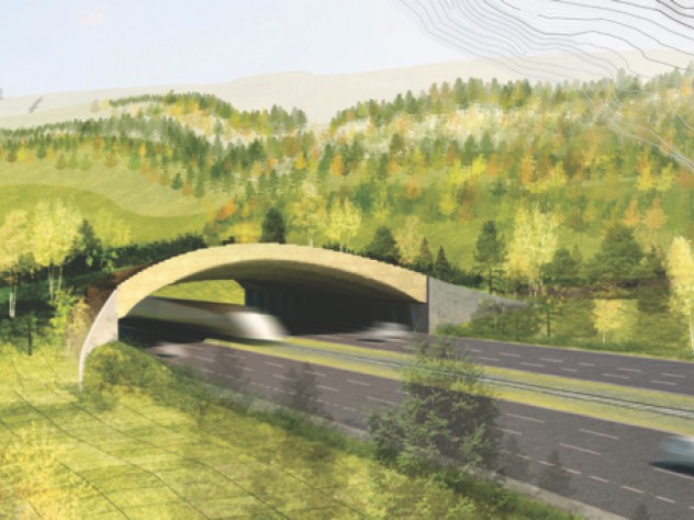 Image courtesy of The ARC International Wildlife Crossing Infrastructure Design Competition/Balmori Associates A side view of the crossing design by Balmori Associates