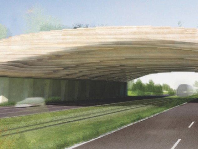 Image courtesy of The ARC International Wildlife Crossing Infrastructure Design Competition/Balmori Associates This design from Balmori Associates shows their plan for a timbered overpass.