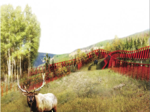 Image courtesy of The ARC International Wildlife Crossing Infrastructure Design Competition/Janet Rosenberg & Associates One of the proposed crossings and protective barriers, as proposed in the submission from Janet Rosenberg & Associates