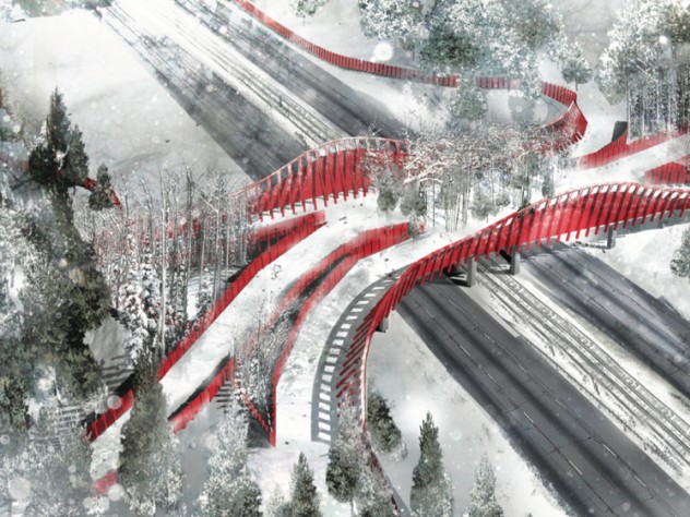 Image courtesy of The ARC International Wildlife Crossing Infrastructure Design Competition/Janet Rosenberg & Associates An overview of the crossing proposal submitted by Janet Rosenberg & Associates