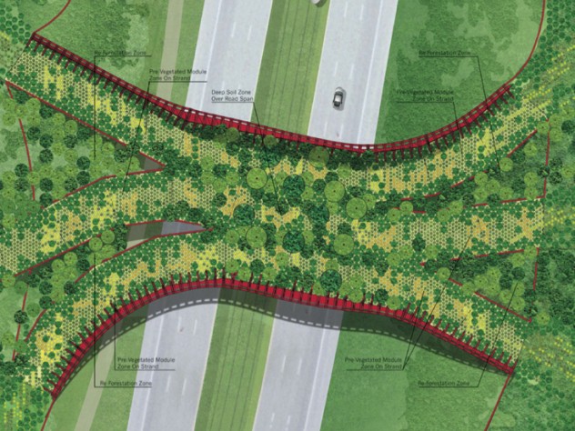 Image courtesy of The ARC International Wildlife Crossing Infrastructure Design Competition/Janet Rosenberg & Associates An overview of the vegetation plan for the crossing as proposed in the submission from Janet Rosenberg & Associates