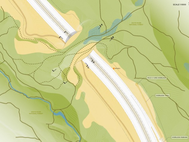 Image courtesy of The ARC International Wildlife Crossing Infrastructure Design Competition/The Olin Studio An overview of the site showing vegetation types and the site of a viewing overlook, submitted by Olin Studio