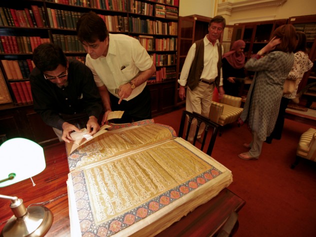 Photograph by Peter Pereira The Chowmahalla's library includes a collection of rare, antique Korans given as gifts to the royal family. (Princess Esra is at right, in blue.)