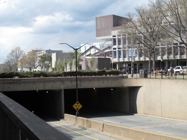 Photograph by Harvard Magazine/JC 7. The Cambridge Street underpass. Repairs to the waterproofing created the opportunity to rebuild the plaza above.