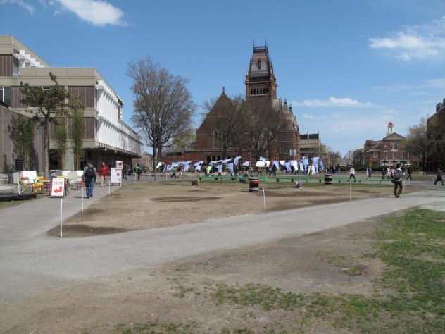 Photograph by Harvard Magazine/JC 8. Looking east, toward Memorial Hall and the entry stairway down to Loker Commons; new plantings may be placed there during the relandscaping of the plaza.