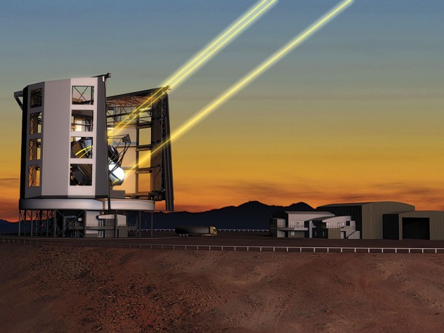Simulation by Todd Mason/Courtesy of Giant Magellan Telescope Organization A rendering of the Giant Magellan Telescope in operation in Chile, deploying the lasers for its adaptive-optics system