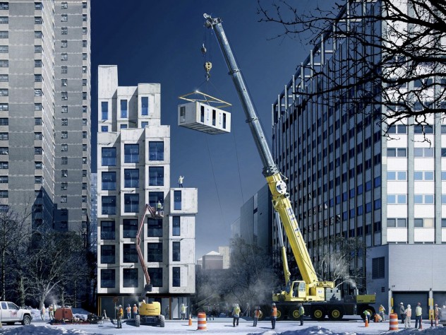 Rendering by mir.no Compact apartments are proliferating in the United States. Here, artist’s renderings show how the MMNY micro-units, prefabricated in the Brooklyn Navy Yard and shipped to the East 27th Street building site, will be stacked atop each other like Lego bricks.
