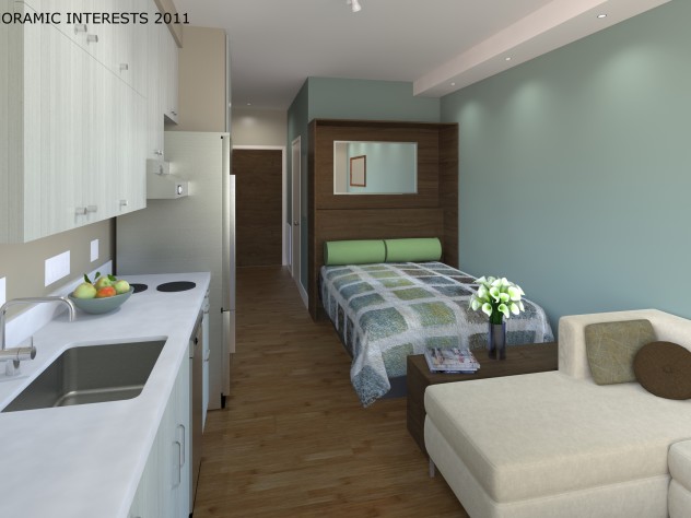 Each “SmartSpace” unit will have a full-sized sofa and refrigerator, a combination washer-dryer hidden in a cabinet, a convection oven, and a hidden microwave.