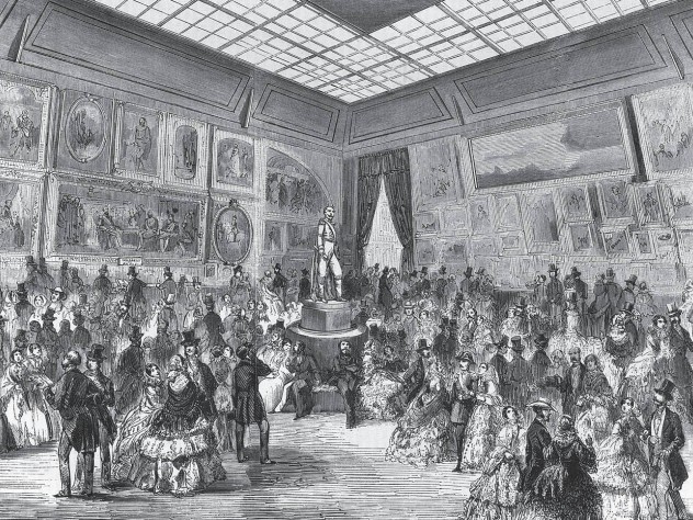 An engraving of artworks displayed at the Salon of 1857, held at the Palais de I&rsquo;Industrie in Paris 