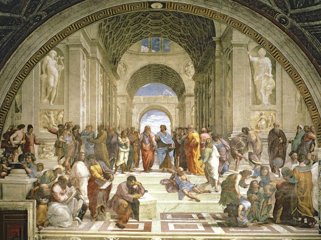 Raphael&rsquo;s famous painting of the School of Athens, with Plato and Aristotle at its center</i> 