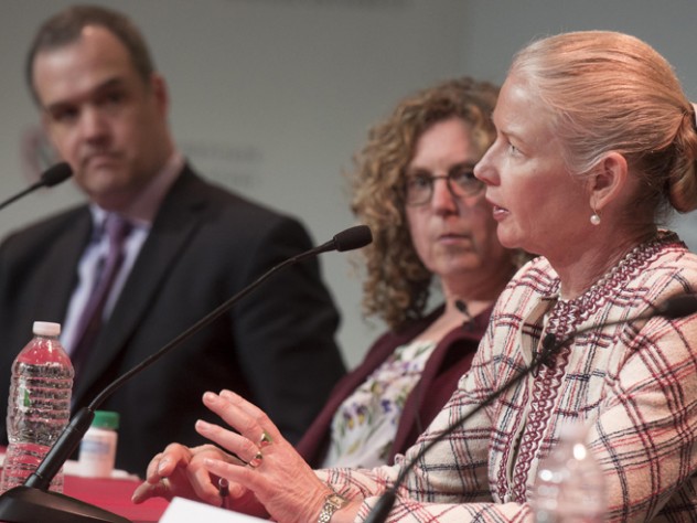 Photograph by Tony Rinaldo/Radcliffe Institute for Advanced Study C. Noel Bairey Merz discusses cardiovascular disease at the panel "Research Priorities: The Impact of Gender on the Scope, Funding, and Analysis of Health Research." At left are Harvard political scientist Daniel Carpenter and Peggy Orenstein.