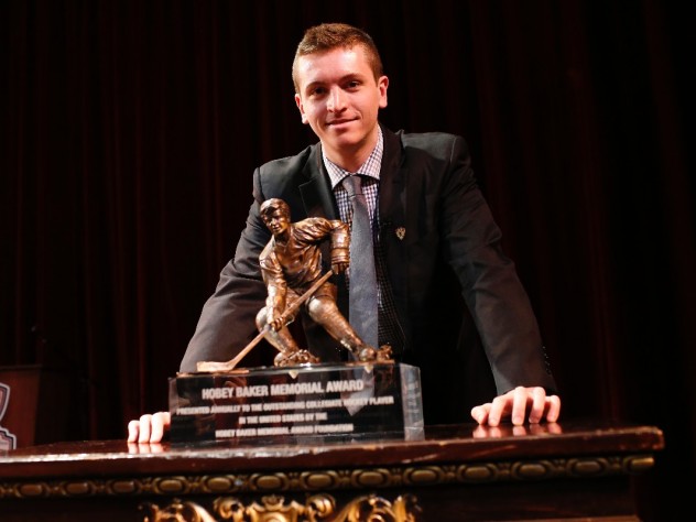 A finalist for the second year in a row, Jimmy Vesey won this year's Hobey Baker Memorial Award.