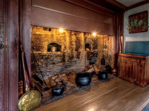 The kitchen at Hawthorne’s birth home, restored to reflects its original design, has an open hearth.