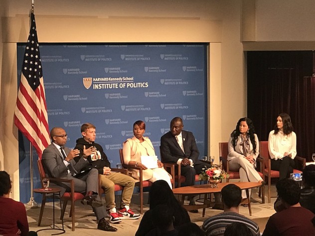 At the JFK Jr. Forum on Monday, panelists discussed the case surrounding Michael Brown's death. From left, Khalil Gibran Muhammad, Jason Pollock, Lezley McSpadden, Benjamin Crump, Jasmine Rand, and Ashley Spillane.