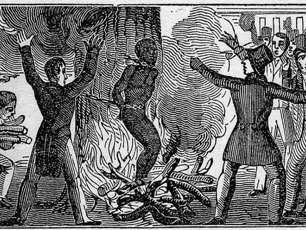 Illustration of the murder of Francis McIntosh in 1836. McIntosh is bound to a tree and burned alive while a mob watches.