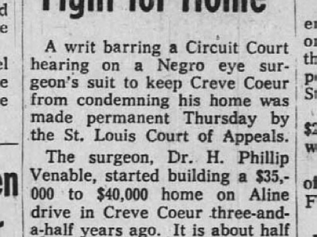 Historic newspaper article headline "Dr. Venable Loses Ruling in Fight for Home"