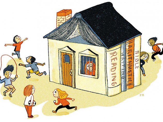 Children play outside while a homeschooled child watches through a window