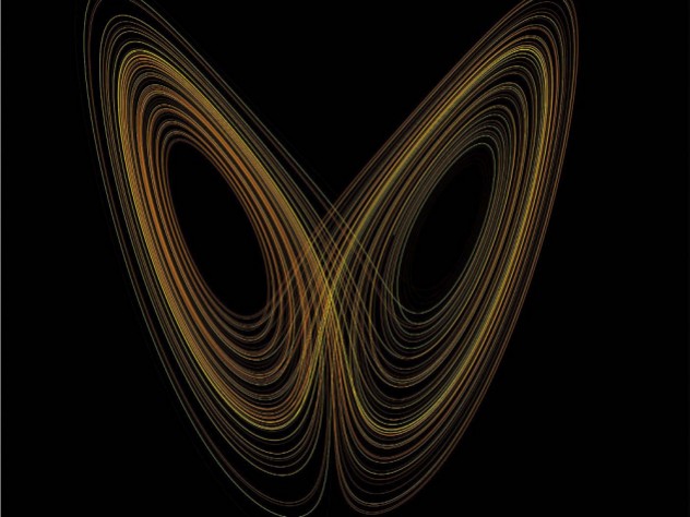 A stylized plot of Lorenz's "butterfly effect" model against a black background with gold-toned curves wrapping themselves around unshown x and y axes, resembling the wings of a butterfly