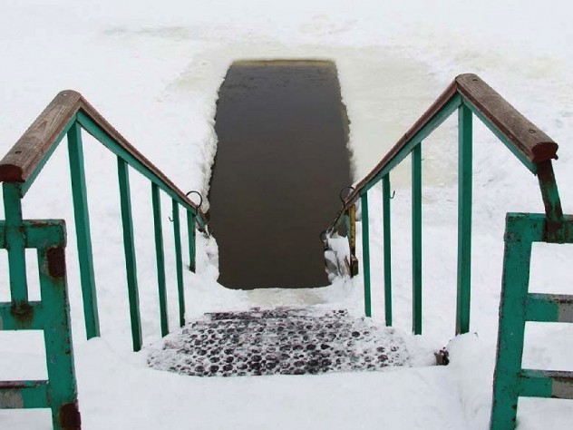 Photograph of swimming hole cut in ice