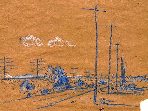 J. B. Jackson drawing of telephone poles on open plain