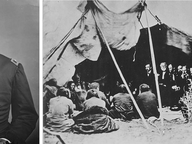 Photograph of General William Harney (at left) and photograph of the negotiating parties of the Sioux Treaty of 1868 under a tent