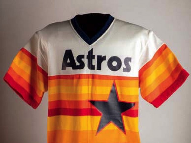 Photo of red, white, and orange Houston Astros jersey from 1983 worn by pitcher Joe Niekro