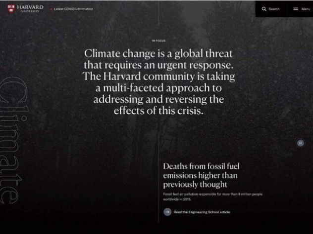 Screen shot of Harvard University home page featuring climate-change stories