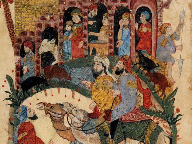 An illuminated manuscript page from thirteenth-century Iraq showing two men on a camel arriving in a village, depicted as two-story white buildings with people looking out the windows