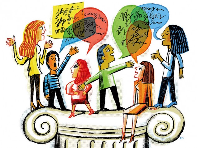An illustration of people engaging in vigorous, animated dialogue 