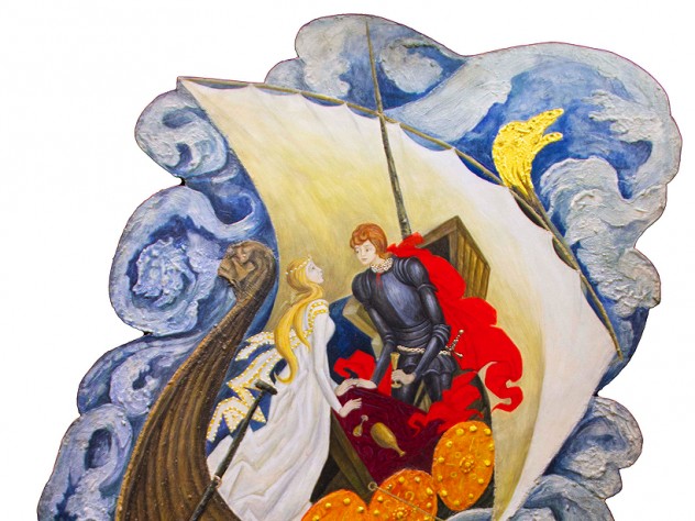 The painting “Love Potion” features two lovers craning toward each other in a boat on roiling ocean waters.