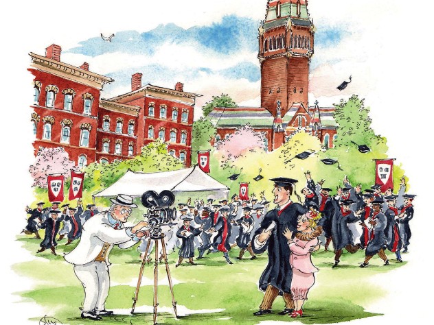 Illustration of 2022 Commencement with movie camera for first time