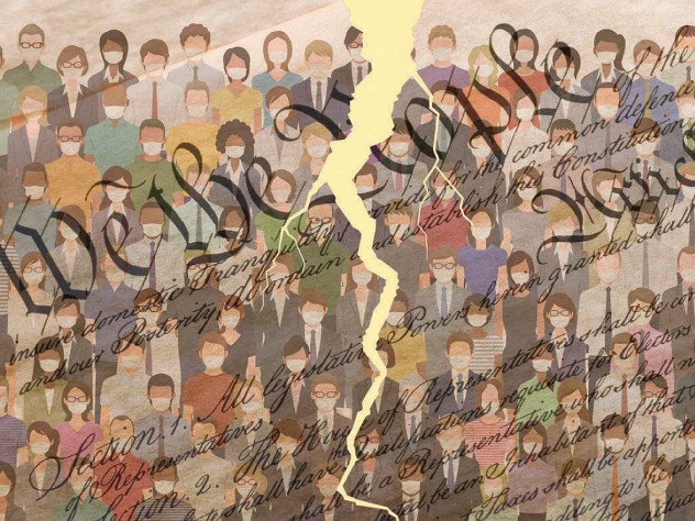 Illustration depicting social fissures during pandemic by tearing of the U.S. Constitution