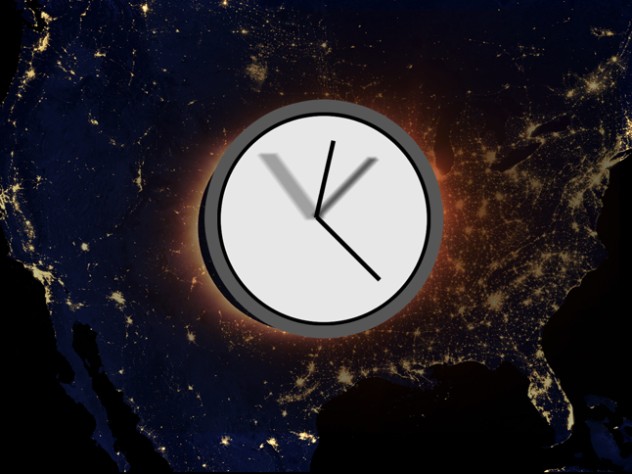 Illustration of a clock in motion over a map of the United States