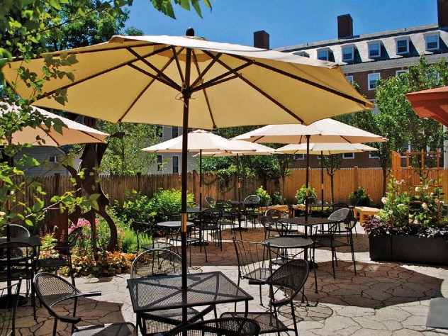 sunny patio with umbrellas over tables