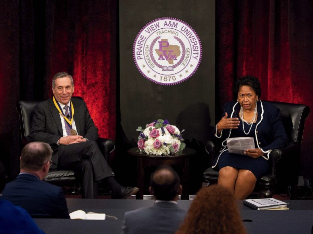 President Bacow speaking with Ruth Simmons at Prairie View A&M University