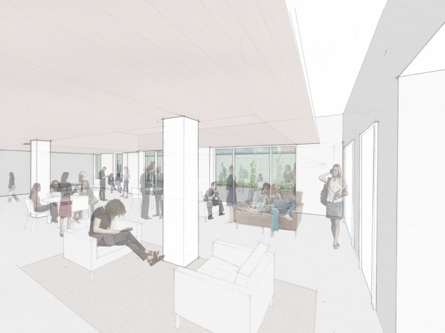 Courtesy of Kieran Timberlake A rendering of the new multipurpose social and academic space to be created in the lower level of Old Quincy, looking toward the exterior terrace; the space is shown to the right in the architect's floorplan for the renovation of that lower level (click second thumbnail below).