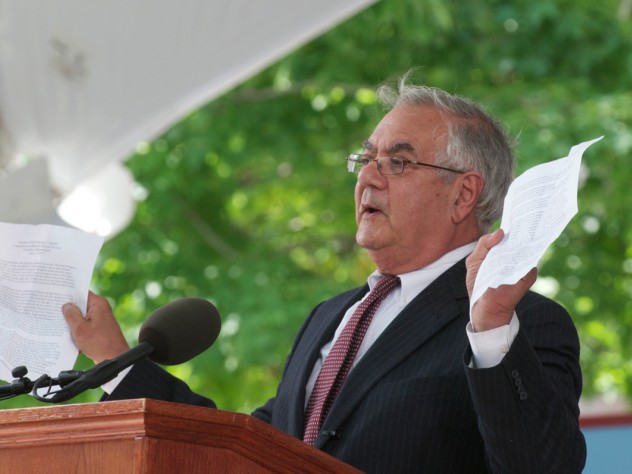 U.S. Representative Barney Frank holding up a copy of the Marshall speech from 1947.