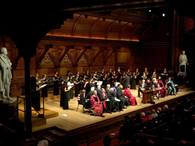 Photograph by Jim Harrison The Radcliffe Choral Society sings behind the Phi Beta Kappa officials, honored guests, and speakers during the literary exercises in Sanders Theatre.