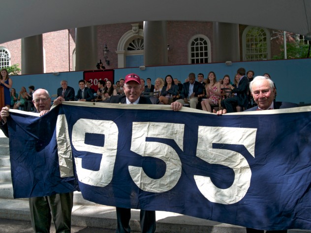 Members of the Class of 1955 display a banner in their "class color," blue. The Class of 2012 are reviving the "class color" tradition, and their color is also blue. 