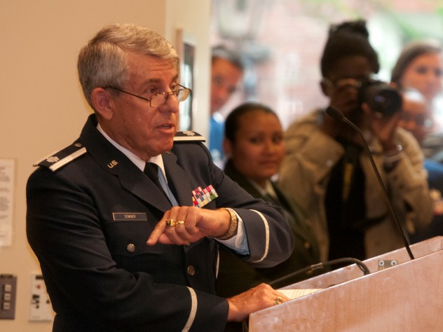 Photograph by Jim Harrison Lieutenant Colonel David R. Downer ’63, a member of the fiftieth reunion class, now retired from the U.S. Air Force, offered practical advice to the soon-to-be officers.