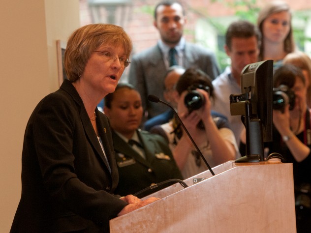 Photograph by Jim Harrison President Drew Faust, in remarks at the ROTC commissioning ceremony, said that too many Americans do not fully understand what they are asking of their military.