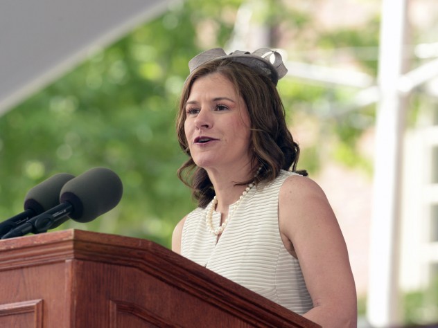 Harvard Alumni Association president Catherine A. Gellert at the podium during the afternoon program—evidence that you don't have to be British to sport a fascinator.