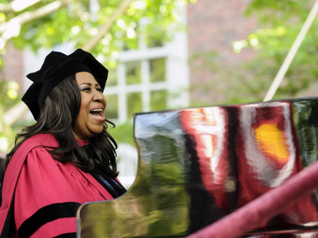 Photograph by Stu Rosner Aretha Franklin, the Queen of Soul, and soon-to-be honorary Doctor of Arts, sings the national anthem.