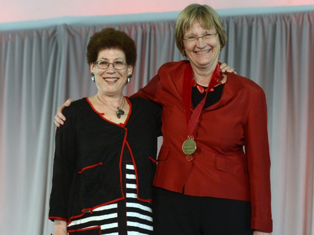 Radcliffe Institute Dean Lizabeth Cohen (left) awarded the Radcliffe Medal to Harvard president Drew Faust at the annual Radcliffe Day luncheon.