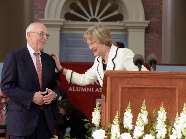 President Faust confers a surprise Harvard Medal on Jack Reardon, who is stepping down as executive director of the Harvard Alumni Association, but remaining active in Harvard affairs.