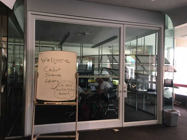 A sign welcoming all to the new Cabot Library