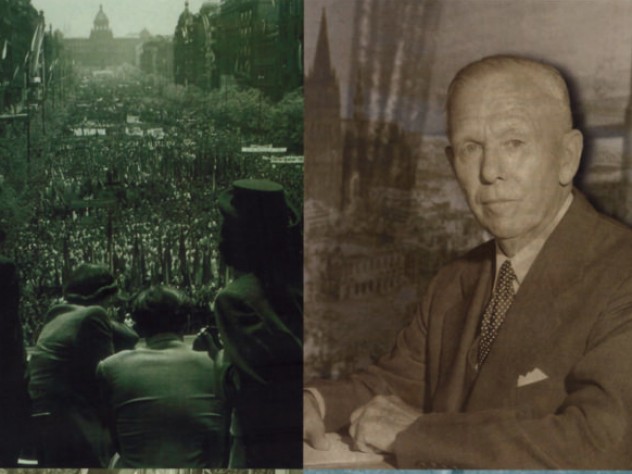 Challenges and response (clockwise from upper left): Prague residents watch a Communist May Day parade in 1948; the Secretary of State; physical destruction in Münster, Germany in 1945; Marshall in the Commencement procession.