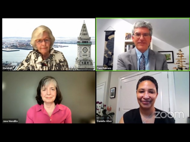 Screenshot of the four speakers: Margaret Marshall, Tom Putnam, Danielle Allen, and Jane Mendillo.